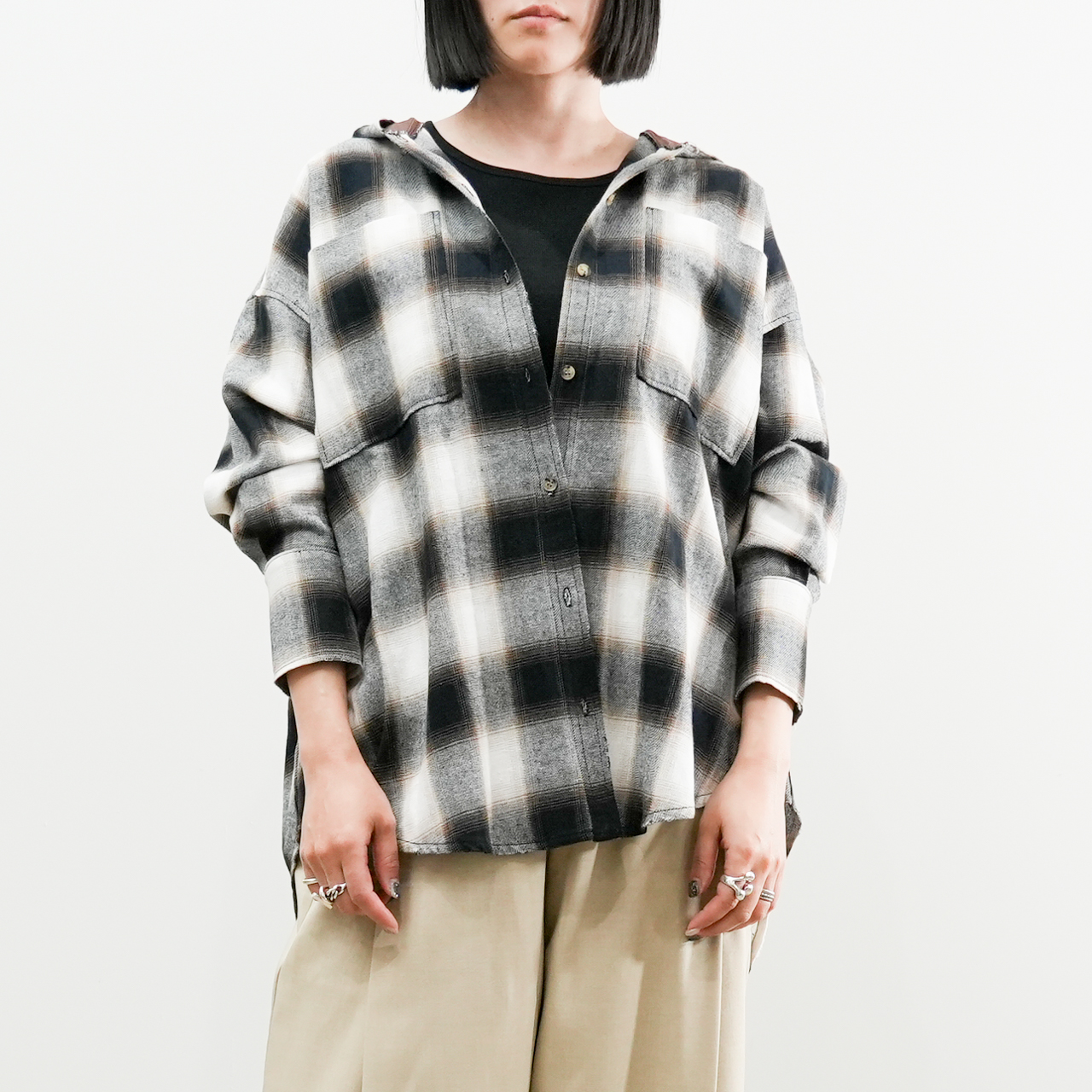 オンブレチェックフードシャツ(R25394)